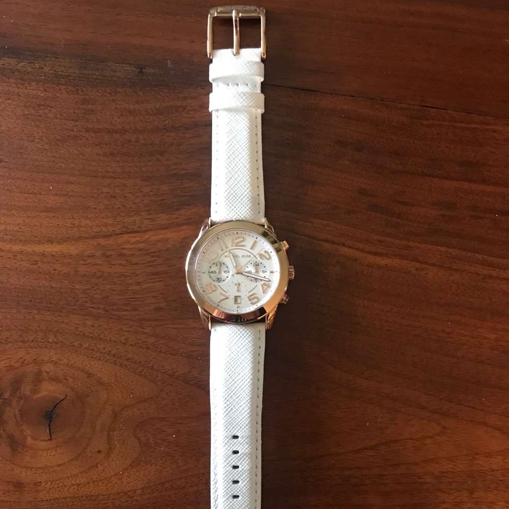 Michael Kors rose gold and white leather watch